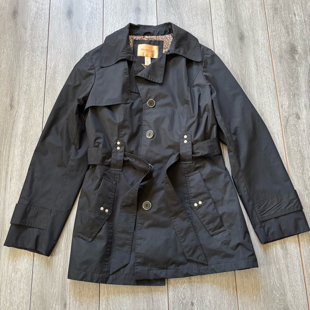 NorthCrest Classic Black trench coat button up tie belt waist Medium 10/12 EUC